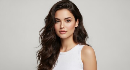 Fototapeta premium Young Woman with Long Dark Wavy Hair Wearing White Tank Top on Neutral Background
