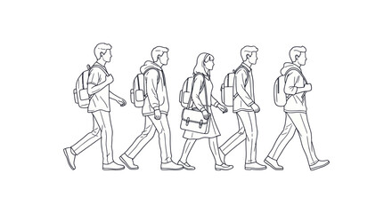 Line Drawing of Students Walking to School.