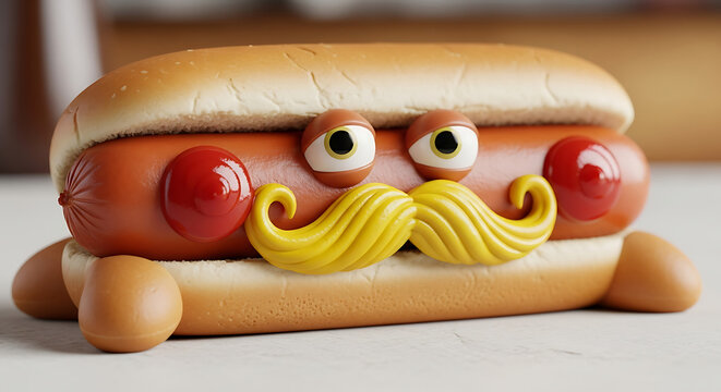 Funny Hot Dog Character with Mustache Food Art and Playful Cuisine