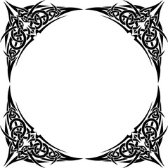 Tribal Celtic Frame Ornament | Intricate Black Vector Border with Interwoven Knotwork and Sharp Corner Patterns | Tattoo Style Decorative Symmetrical Frame for Poster, Album Cover, and Graphic Design.
