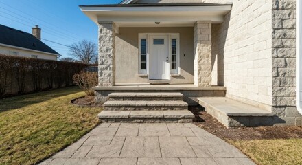 Fototapeta premium Exterior home entryway with stone steps and walkway