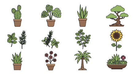 Diverse collection of potted plant illustrations and botanical elements.