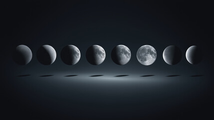 Moon phase series (first quarter, full, waning) on dark gradient background with subtle glow and clean layout