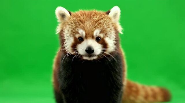 Cute Red Panda Portrait on Green Screen Background Looking at Camera