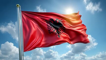 A waving flag of Albania against a bright blue sky with clouds. The flag features a red background and a black double-headed eagle emblem.