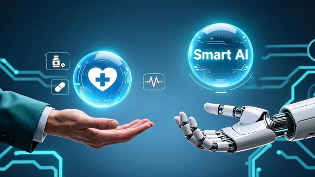 Human hand and robotic hand extend forward sharing glowing medical sphere and ai orb with digital icons of medical, symbolizing ai healthcare medical technology