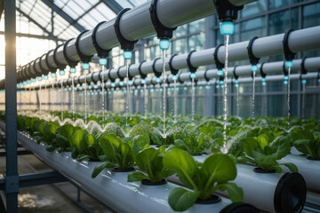 Modern greenhouse with automated irrigation system watering rows of leafy green vegetables, showcasing advanced water efficient technology in controlled environment