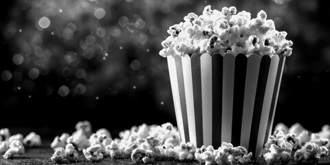 Popcorn sits in a striped container surrounded by scattered kernels