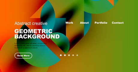 Bright abstract website header. Geometric shapes overlap, vibrant colors present text, navigation options visible. Modern design.