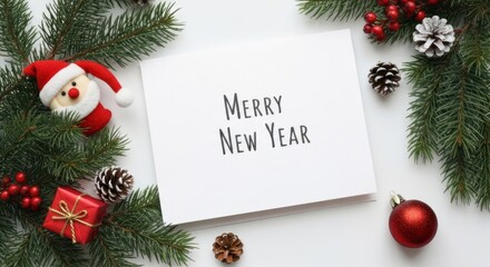 Festive white background with Christmas decorations, a card with "Merry New Year" text