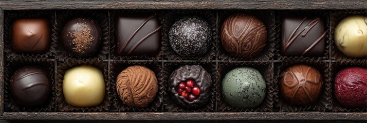 Assortment of handcrafted chocolates displayed in a dark wooden box during a sunny afternoon