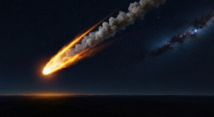 Fiery meteor streaking across a dark night sky, leaving a trail of smoke and fire.  Distant galaxy visible
