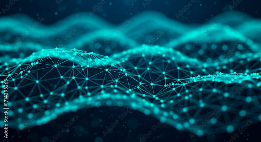 Poster abstract teal network mesh background, depicting interconnected nodes and lines, symbolizing connect