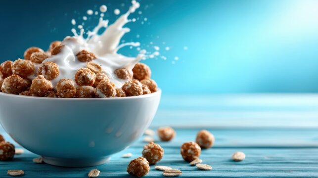 A playful scene showcases crispy breakfast cereal with milk splashing dramatically, capturing the fun and excitement of morning routines and the joy of starting a new day energetically.