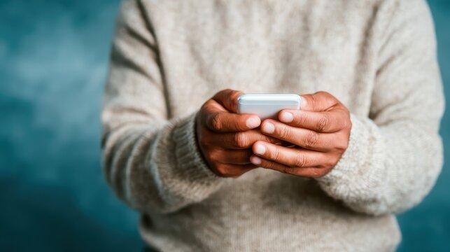 A close-up shot of a person in a sweater using a smartphone, showcasing a relaxed environment and modern technology intertwined in daily life, representing connectivity and warmth.