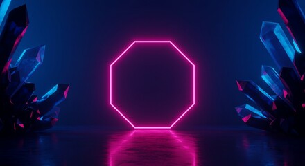 Pink neon octagon frame with blue crystals 3 d render