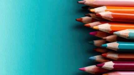 A vibrant collection of colored pencils neatly aligned on a bright blue background, showcasing the variety of colors and the potential for creative expression in art.