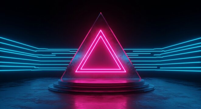 Pink neon triangle in futuristic setting abstract 3 d render glowing lines dark background geometric shapes - Powered by Adobe