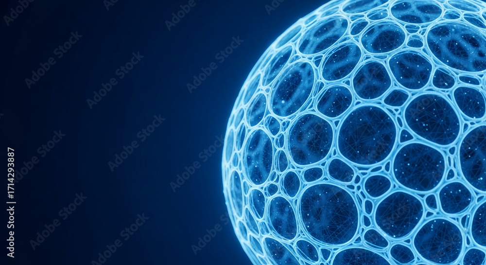 Poster abstract blue sphere with interconnected circular patterns, glowing and intricate, suggesting networ
