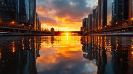 Fototapeta premium A breathtaking sunset reflecting off a river in an urban setting, showcasing the mesmerizing beauty of nature harmonizing with city life in twilight.