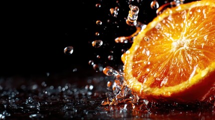 An invigorating orange slice bursts into vivid color as water splashes against it, highlighting fresh, juicy textures that invoke a sense of refreshment and vitality.
