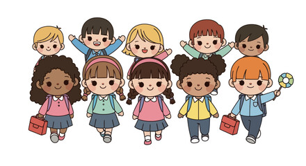 Diverse group of cartoon children with backpacks and school supplies.