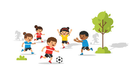 Diverse group of children joyfully playing soccer in an outdoor park setting.