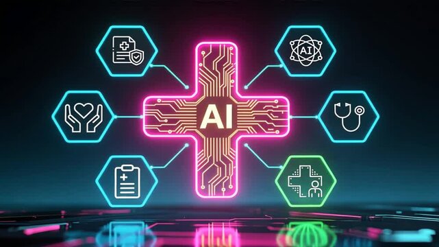 Futuristic glowing neon cross with ai letters at center with circuit lines surrounding by medical icons concept of ai healthcare medical technology
