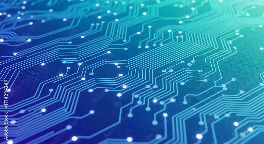 Poster abstract image of blue circuit board, showcasing intricate lines and glowing nodes, representing tec