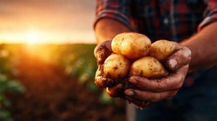 A close-up view of a farmer's hands holding freshly harvested, earthy potatoes with a beautiful sunset backdrop showcasing a vibrant agricultural field.