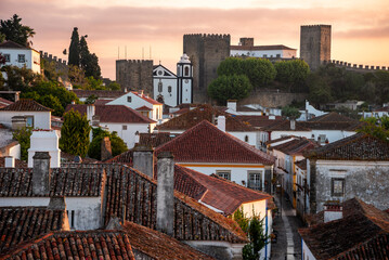 Medieval Town of Obidos in Portugal with Castle Walls and Scenic Sunrise View