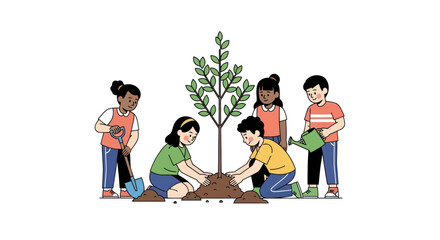 Diverse children planting a young tree together in a garden setting.
