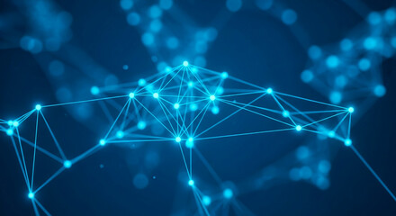 Abstract blue network graphic, glowing nodes connected by lines, representing connectivity, technology, or global network, ideal for digital backgrounds