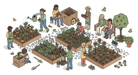 Community Garden Scene with People Gardening and Relaxing. © ahmad