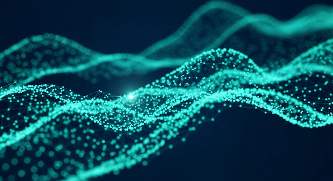 Abstract teal wave of interconnected dots and lines on dark background, showcasing digital connection, network, or technology concept Free space for text