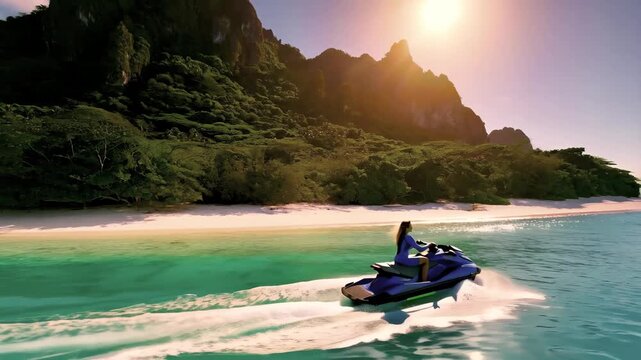 Woman is riding a blue water jet ski on a beautiful beach. The sun is shining brightly, creating a warm and inviting atmosphere. Concept of adventure and excitement