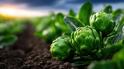A close-up display of artichokes nestled among lush green leaves shines under natural lighting, reflecting the freshness and vitality of farm produce at its best.