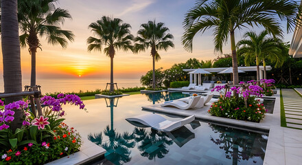 Fototapeta premium Luxury Tropical Villa Oasis with Infinity Pool and Ocean View at Sunset