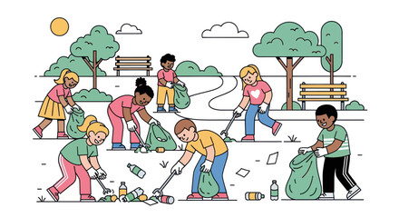 Group of Children Cleaning Up Park Collecting Trash.