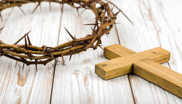Crown of thorns and wooden cross on a white wood table