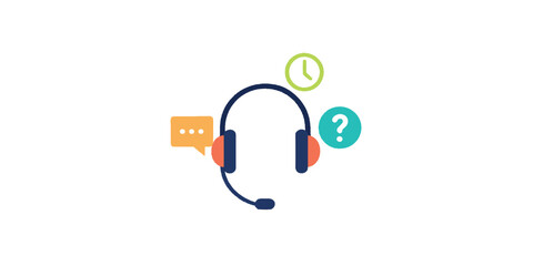 Print   Colorful flat vector of customer support – office headset with chat bubbles, clock, and help icon, isolated on white