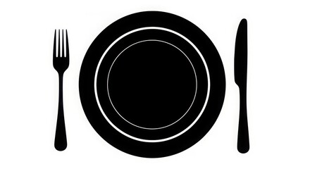Black and white image showing a plate with a fork on the left and a knife on the right side