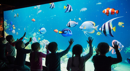 Children observe vibrant aquarium display with tropical fish