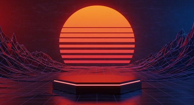 Retro futuristic landscape with hexagonal platform and sunset
