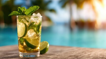 A refreshing cocktail filled with ice, mint leaves, and lime slices sits on a wooden table, inviting the viewer to enjoy a moment of relaxation by the poolside.