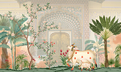 Pichwai and traditional cow on mughal background