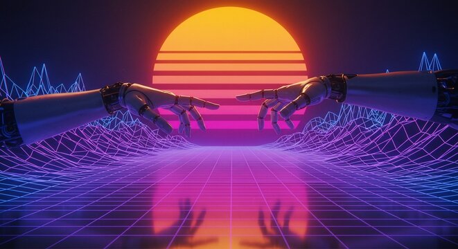 Retro futuristic robot hands reaching across digital grid landscape with sunset background