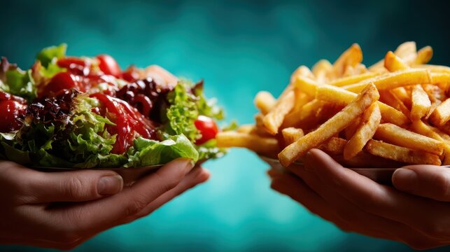 A dynamic showdown between a vibrant salad and crispy french fries emphasizes the modern choice of healthy versus indulgent eating options in a visually engaging way.