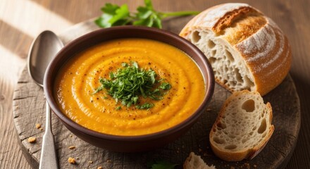 Vibrant Creamy Orange Soup with Fresh Herbs, Cracked Pepper, and Crusty Artisan Bread on Rustic Wood