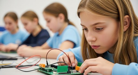 Young students engaged in hands on STEM education learning electronics
